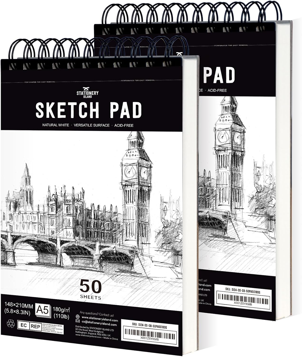 STATIONERY ISLAND Sketch Pad, A5 Sketch Book 180 g/m² Thick Paper, 100 Pages / 50 Sheets Spiral Bound Sketchbook 2 Packs